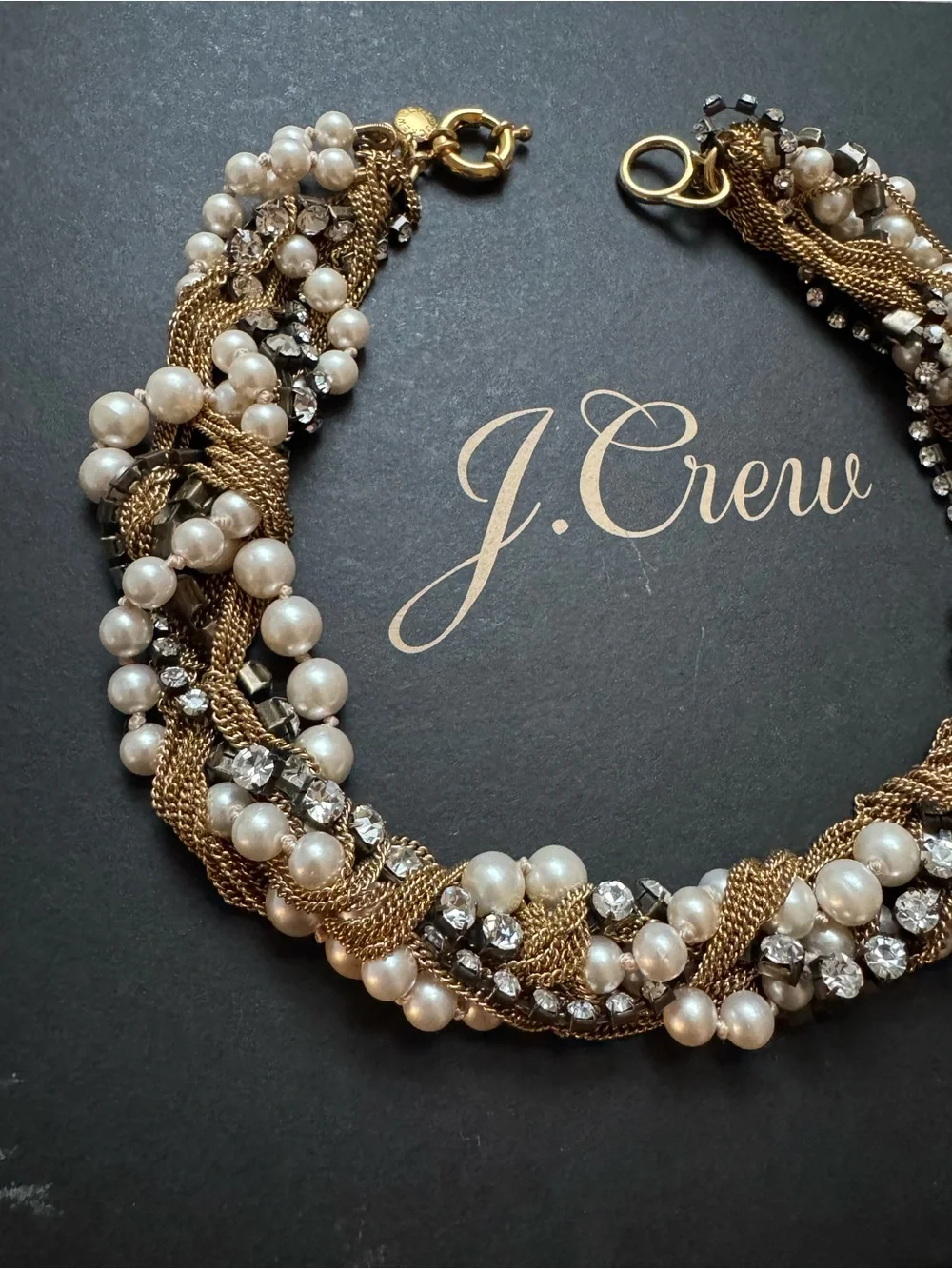 J. Crew multi-strand twisted pearl, crystal, and gold-tone chain necklace